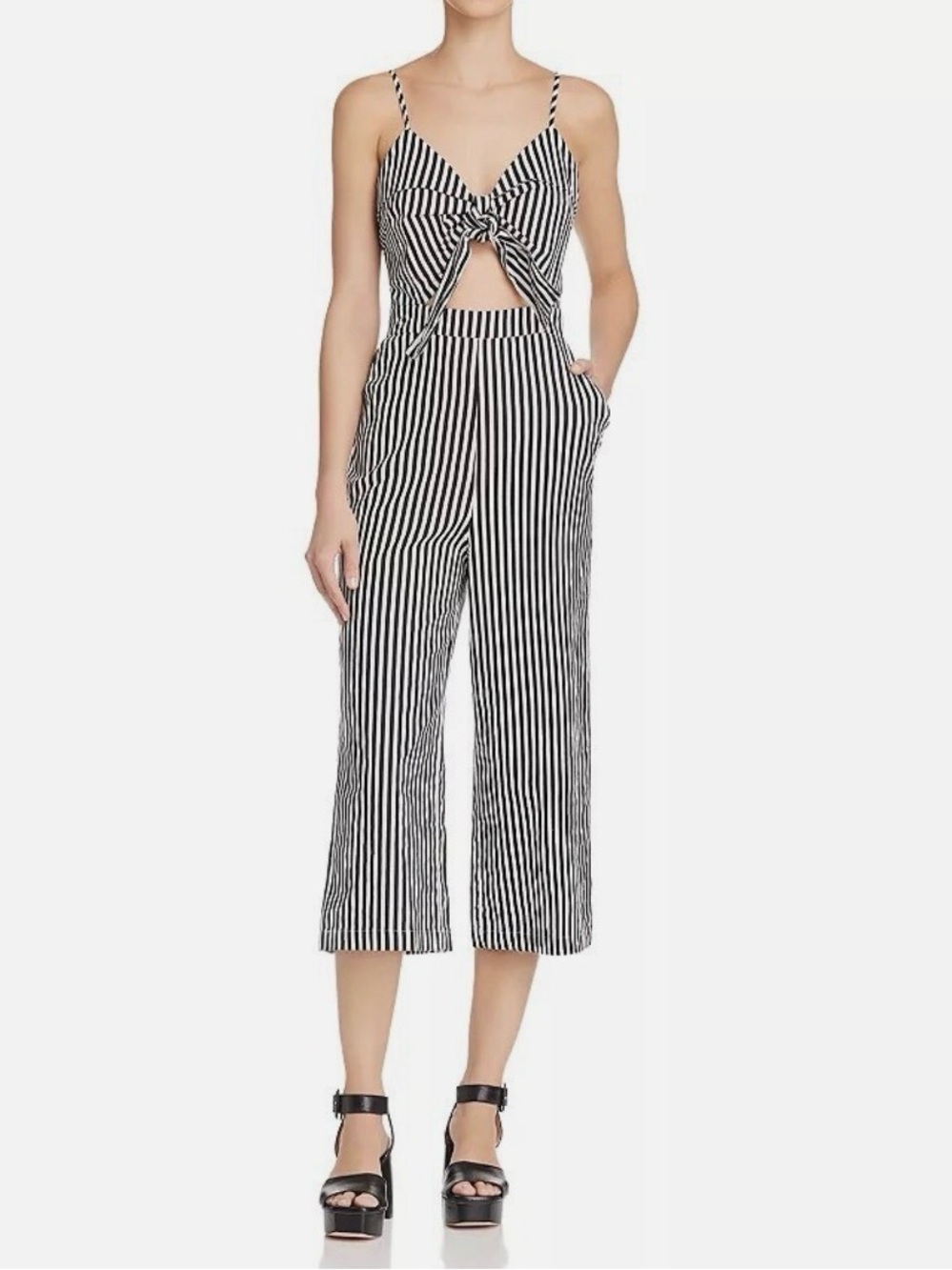 Alpha & Omega Striped Tie-Front Cut-Out Spaghetti-Strap Jumpsuit Black & White